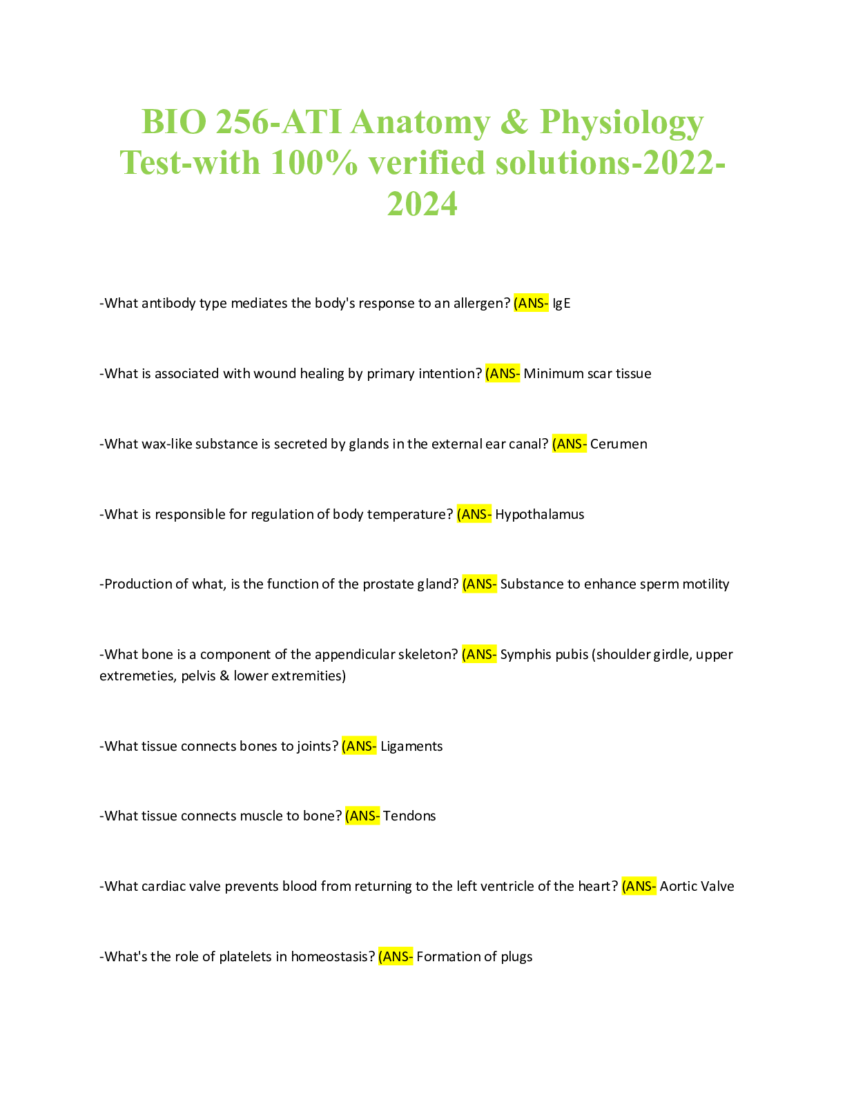 Preview of BIO 256-ATI Anatomy & Physiology Test-with 100% verified solutions-2022-2024